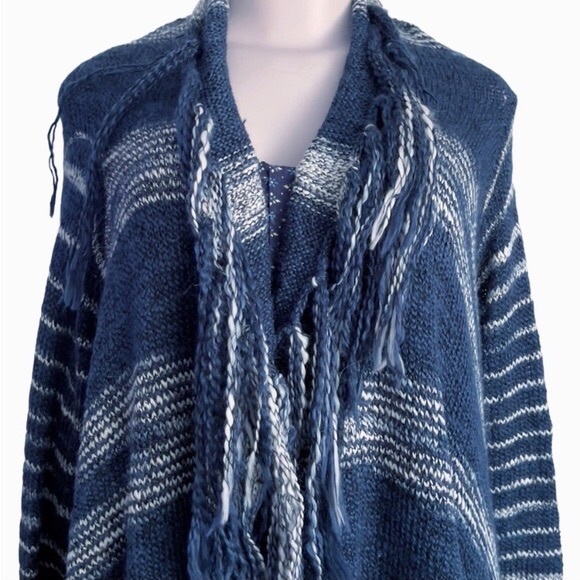 Anthro Yellow Bird Wool Alpaca Fringe Waterfall Stripe Blanket Cardigan Sweater - Picture 3 of 11
